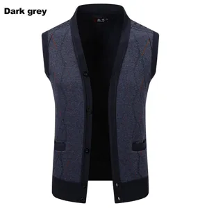 Men's Winter Dark Grey V-Neck Knitted Cardigan Vest Single-Breasted Casual Warm Knitwear