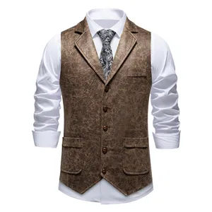 Men Vintage Suede Print Suit Vest Lapel Slim Fit Single Breasted Casual Formal Waistcoat