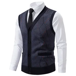 Men's knit cardigan sweater vest detail view, featuring a classic V-neck and slim fit design.