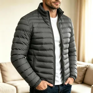 Herren dunkelgraue Stehkragen Steppjacke, lässige gefütterte Winterjacke für Herren