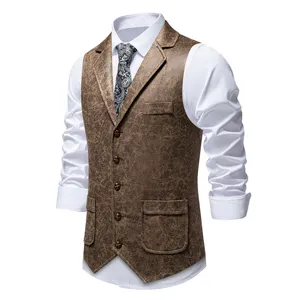 Men's vintage brown printed suit vest with lapel, layered with a white shirt and stylish tie.