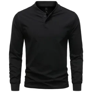 Black cotton stretch long sleeve henley t-shirt detail showing collar button placket.