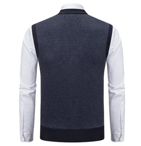 Men's knitted sweater vest slim fit casual sleeveless pullover layered with white shirt top.