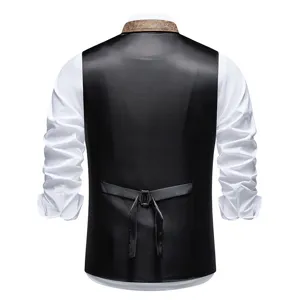 Men's retro suit vest back view, black satin waistcoat and brown print lapel with buckle.