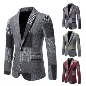 Giacca da Uomo Vintage Patchwork a Quadri Blazer Casual in Lana Pied de Poule No Stiro Slim Fit Monopetto Top per Autunno Inverno