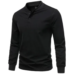 Men's black long sleeve henley shirt detail, slim fit cotton stretch casual top view.