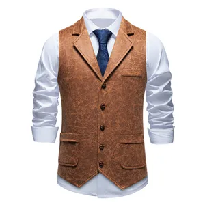 Men's vintage printed suede lapel waistcoat with white shirt and blue tie detail.