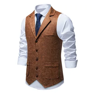 Detail view of men's vintage brown print suede waistcoat vest with lapel and buttons.