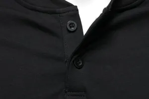 Close-up detail view of mens black long sleeve Henley collar cotton casual t shirt.