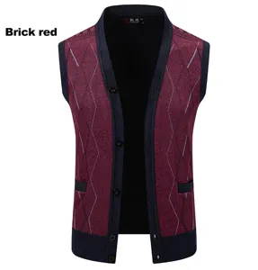 Men's V-neck knit cardigan vest detail shot, stylish brick red geometric pattern