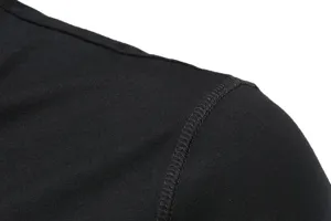 Men's long sleeve T-shirt shoulder stitch detail, premium black stretch cotton fabric.