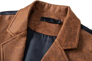 Men's vintage faux suede lapel vest collar detail shot, stylish brown textured design.