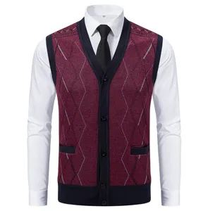 Men's knit cardigan vest maroon argyle pattern V-neck button down casual knitwear autumn