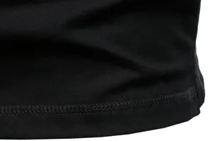 Black cotton blend long sleeve t-shirt hem detail, stretchy fabric texture close-up