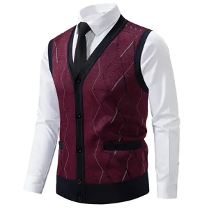 Men's winter V-neck knitted cardigan vest slim fit casual sleeveless sweater top.