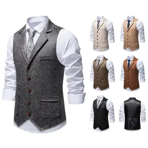 Men's Retro Suede Printed Suit Vest Polyester Lapel Sleeveless Waistcoat Casual Business Workwear Button Down Jacket Top