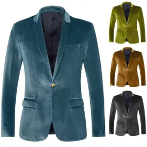 Men's Slim Fit Velvet Blazer Casual Business One Button Lapel Jacket Fashion Solid Color Velvet Suit Jacket Party Formal Top
