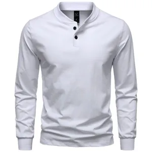 Men's white long sleeve henley t-shirt detail view, soft cotton blend slim fit casual top.
