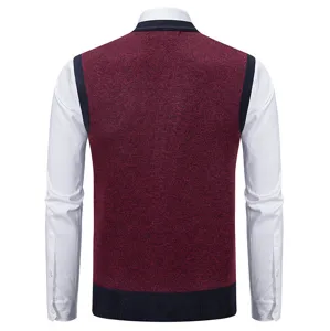 Men's knit sweater vest back view detail, slim fit winter warm sleeveless cardigan inner wear.