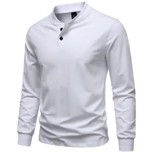White men's long sleeve henley shirt detail view with button placket and collar tag.