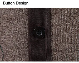 Men's knit cardigan button detail close-up, warm textured wool blend knitwear close shot.
