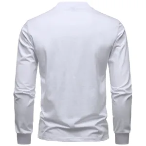 Men's solid white long sleeve slim fit T-shirt, casual stretch cotton basic top, back view.