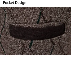 Close-up detail of knitted sweater pocket design featuring classic argyle pattern texture warm.