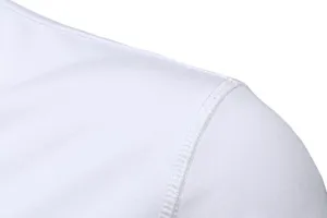 Close-up view of the fine shoulder stitching and premium stretch cotton fabric of the men's top.