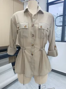 Women's utility chiffon shirt, lapel collar, roll-up sleeves, drawstring waist casual top.