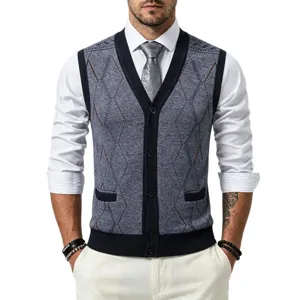 Men's V-Neck Knitted Cardigan Vest Casual Diamond Pattern Button Down Sweater Vest