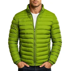 Herren helle grüne Stehkragen Pufferjacke mit Frontreißverschluss und Taschen, casual.