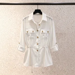 Women's lightweight chiffon utility blouse with lapel, drawstring waist and roll-up sleeves.