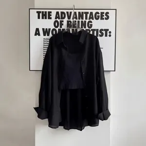 Black sheer sun protection shirt with camisole set, textured fabric long sleeve cardigan.