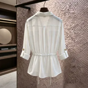 White chiffon shirt back detail, lapel collar, cinched waist drawstring, rollable sleeves.