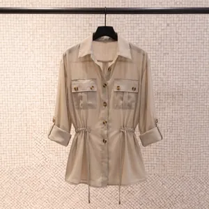 Casual Women Chiffon Blouse Drawstring Waist Utility Shirt Rolled Sleeves Khaki Top