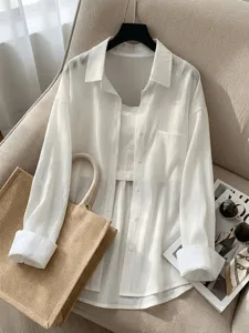 Women French Style Textured Sun Protection Shirt Long Sleeve Loose Fit Lapel Cardigan Blouse Top with Pockets Polyester