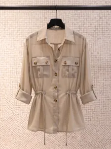Women Casual Chiffon Utility Shirt Drawstring Waist Lapel Collar Rollable Long Sleeve Blouse Elegant Top Solid Color Apparel