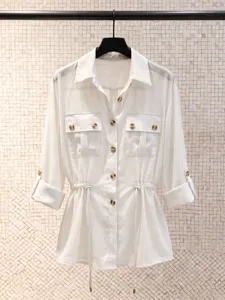 Women white chiffon utility shirt lapel drawstring waist rollable sleeve elegant top