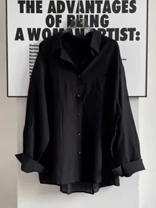 Women Black Long Sleeve Button Up Shirt Casual Texture Lightweight Sun Protection Blouse Top