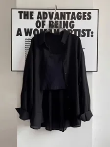 Black long sleeve shirt for women, casual lightweight button-down cardigan top, chic style.