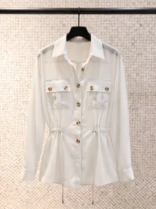 Women's casual long sleeve white chiffon blouse with drawstring waist, lapel and utility pockets.