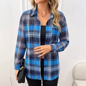 Detailed view of women's blue plaid sheer chiffon long sleeve button down shirt casual layer.