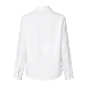 Back view detail of classic white long-sleeve button-down shirt for women office wear.