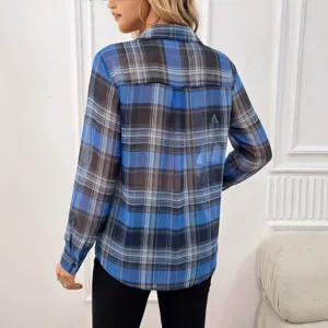 Women Plaid Chiffon Sun Protection Shirt Casual Long Sleeve Blouse Summer Lightweight Top