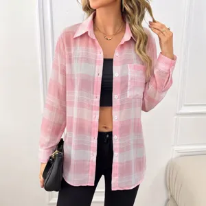 Pink plaid chiffon sun protection shirt detail, casual long sleeve button down top with pocket.