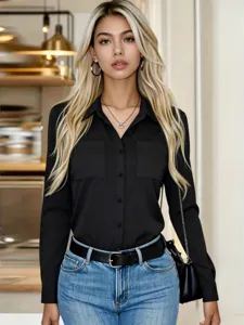 Elegant black long sleeve button-up shirt with double pockets and lapel collar for women.