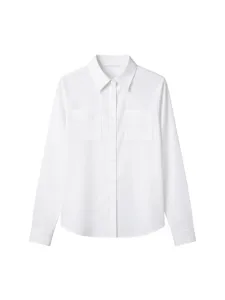Classic white long sleeve button down shirt with dual pockets, casual elegant top for women.
