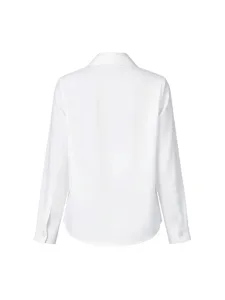 Classic white long sleeve collared button down shirt for women, loose casual daily top.