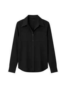 Women's Casual Black Long Sleeve Lapel Shirt with Dual Pockets Loose Button Down Top