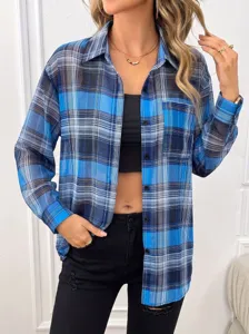 Women's Blue Plaid Sheer Chiffon Sun Protection Shirt Casual Long Sleeve Button Down Blouse Top